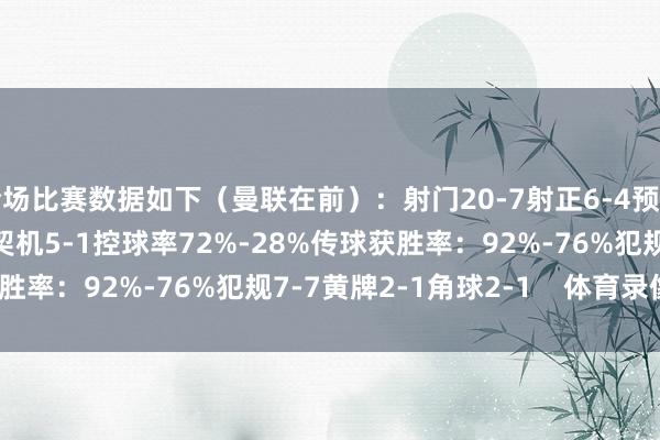 全场比赛数据如下（曼联在前）：射门20-7射正6-4预期进球2.63-0.77进球契机5-1控球率72%-28%传球获胜率：92%-76%犯规7-7黄牌2-1角球2-1    体育录像/图片